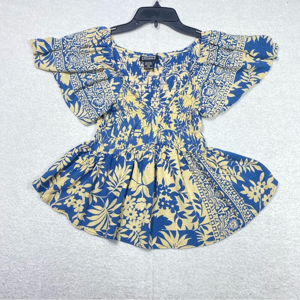 Angie Smocked Floral Leaf Boho Top Women's PXS Peasant Flutter Sleeve V Neck